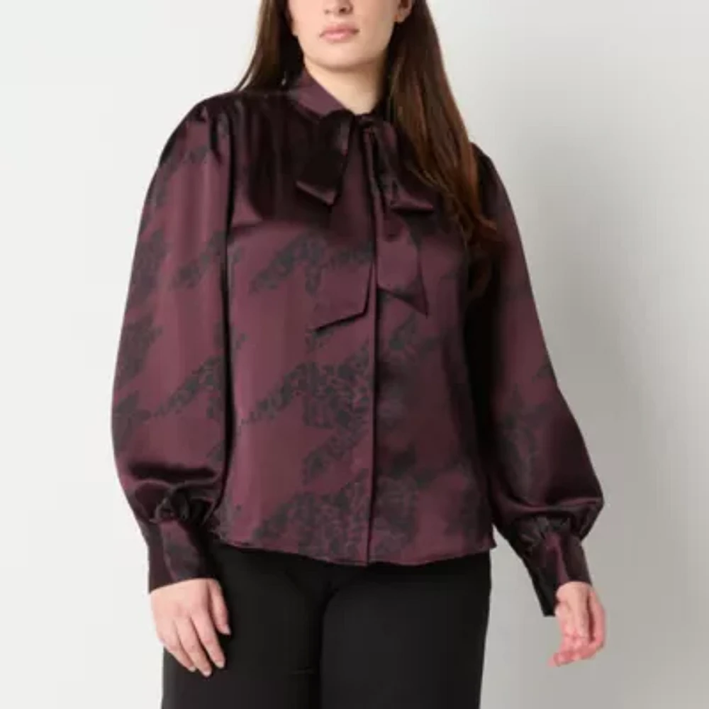 Worthington Womens Henley Neck Long Sleeve Satin Blouse