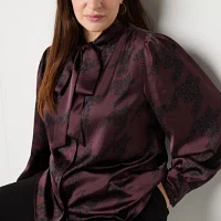 Worthington Womens Henley Neck Long Sleeve Satin Blouse