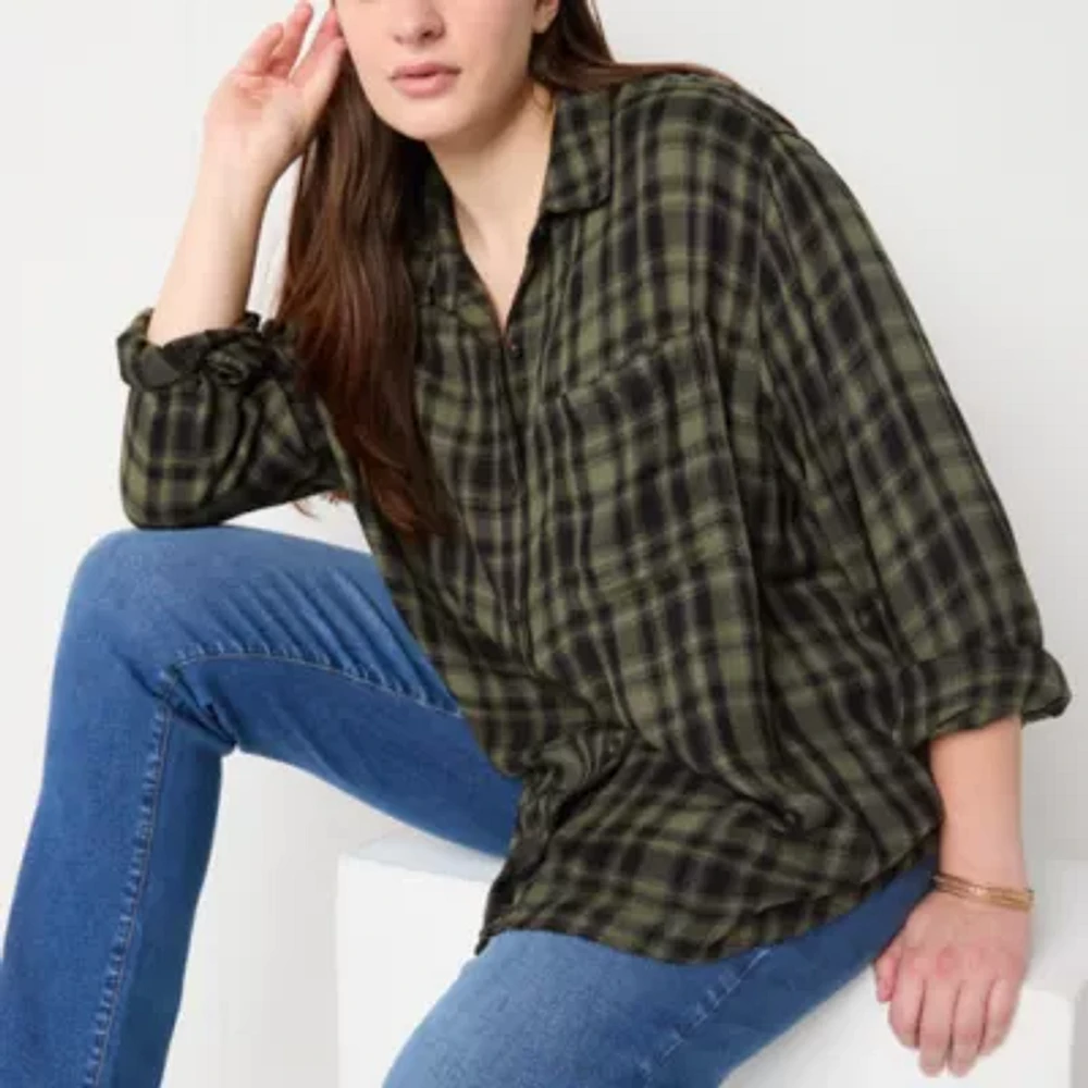 a.n.a Plaid Womens Long Sleeve Blouse