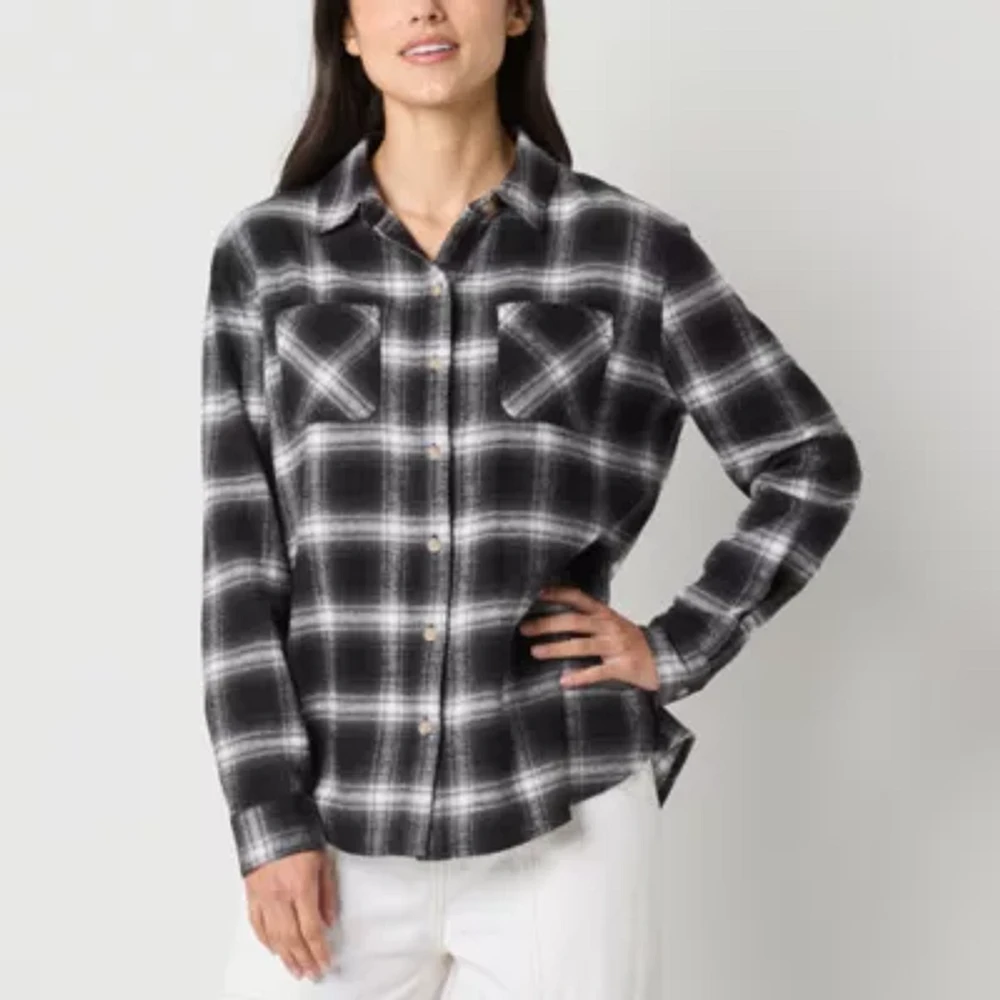 a.n.a Plaid Womens Long Sleeve Blouse