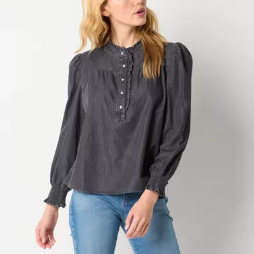 a.n.a Smocked Womens Long Sleeve Blouse