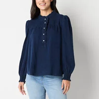 a.n.a Smocked Womens Long Sleeve Blouse