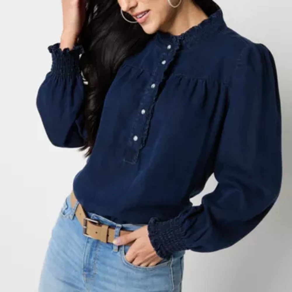 a.n.a Smocked Womens Long Sleeve Blouse