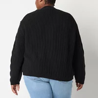 St. John's Bay Plus Womens V Neck Long Sleeve Open Front Cable Knit Cardigan