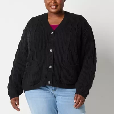 St. John's Bay Plus Womens V Neck Long Sleeve Open Front Cable Knit Cardigan