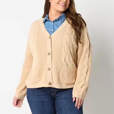 St. John's Bay Plus Womens V Neck Long Sleeve Open Front Cable Knit Cardigan