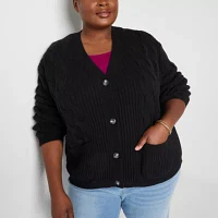 St. John's Bay Plus Womens V Neck Long Sleeve Open Front Cable Knit Cardigan