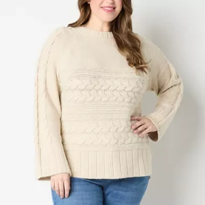 St. John's Bay Plus Womens Crew Neck Long Sleeve Cable Knit Pullover Sweater