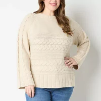 St. John's Bay Plus Womens Crew Neck Long Sleeve Cable Knit Pullover Sweater