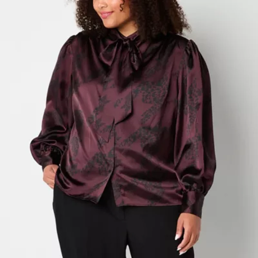 Worthington Plus Womens Henley Neck Long Sleeve Satin Blouse