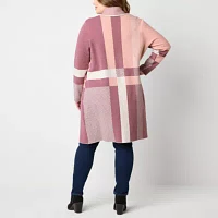 Liz Claiborne Plus Womens Long Sleeve Open Front Plaid Cardigan