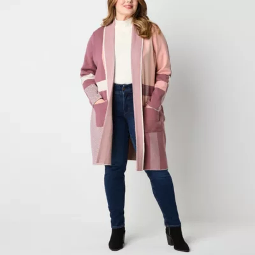 Liz Claiborne Plus Womens Long Sleeve Open Front Plaid Cardigan