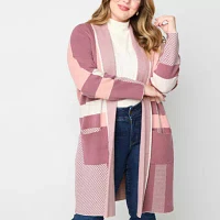 Liz Claiborne Plus Womens Long Sleeve Open Front Plaid Cardigan
