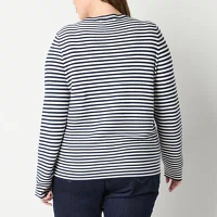 Liz Claiborne Plus Womens Crew Neck Long Sleeve Striped Pullover Sweater