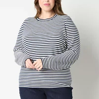 Liz Claiborne Plus Womens Crew Neck Long Sleeve Striped Pullover Sweater