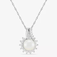 Womens White Cultured Freshwater Pearl Sterling Silver Cushion Pendant Necklace