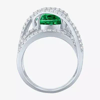 Lab-Created Emerald & White Sapphire Sterling Silver Cocktail Ring