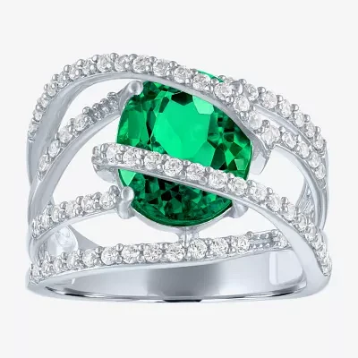 Lab-Created Emerald & White Sapphire Sterling Silver Cocktail Ring