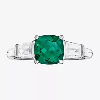 Simulated Emerald & Lab-Created White Sapphire Sterling Silver 3-Stone Ring 