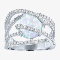 Womens Lab-Created Opal & White Sapphire Sterling Silver Cocktail Ring