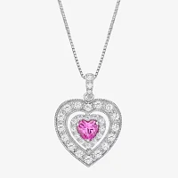 Womens Lab Created Pink Sapphire Sterling Silver Heart Pendant Necklace