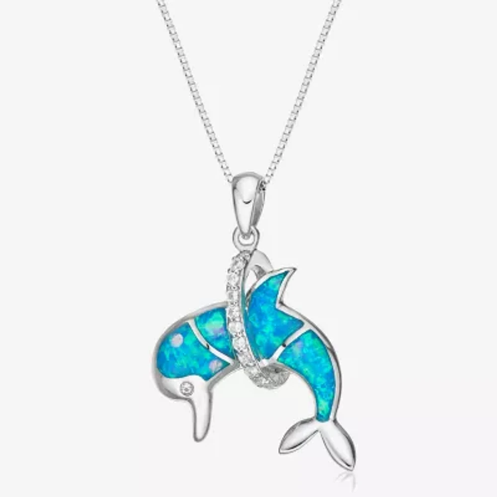 Womens Lab Created Blue Opal Sterling Silver Pendant Necklace