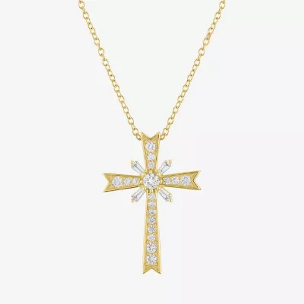 Yes Womens Lab Created White Sapphire 14K Gold Over Silver Cross Pendant Necklaces