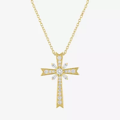 Yes Womens Lab Created White Sapphire 14K Gold Over Silver Cross Pendant Necklaces