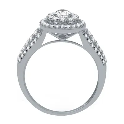 Signature By Modern Bride Womens 1 1/4 CT. T.W. Mined White Diamond 14K Gold Pear Side Stone Halo Engagement Ring