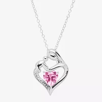 Womens Diamond Accent Lab Created Pink Sapphire Sterling Silver Heart Pendant Necklace