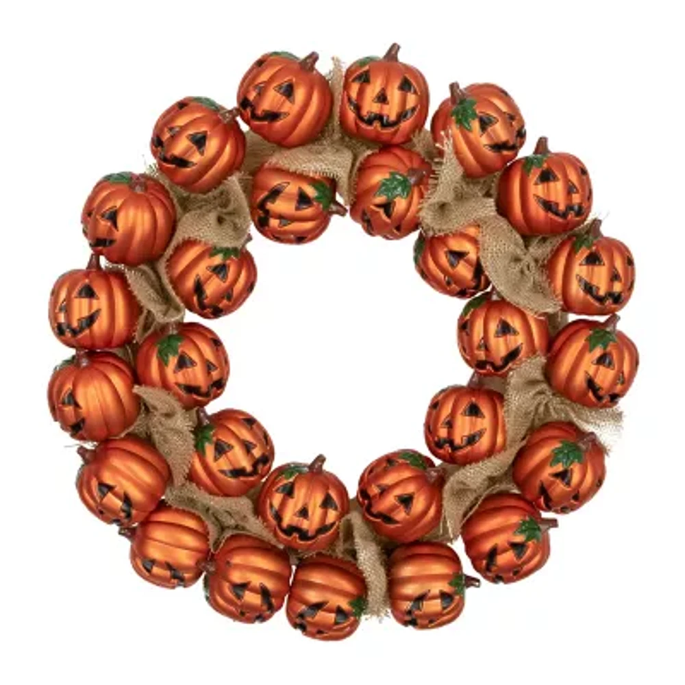 Jack-O-Lantern and Burlap Ribbon Halloween Wreath  20-Inch  Unlit