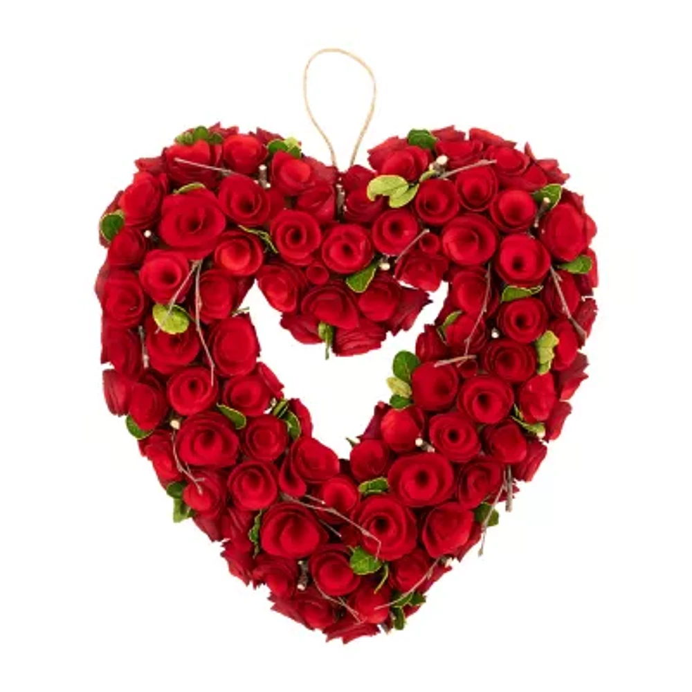 Northlight 14in Red Wooden Rose Floral Heart Shaped Artificial Valentine'S Day Wreath