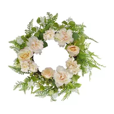 Northlight 24in Rose And Peony Fern Floral Indoor Wreath