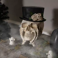 Northlight 9in Skull With Top Hat And Roses Christmas Tabletop Decor