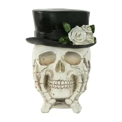 Northlight 9in Skull With Top Hat And Roses Christmas Tabletop Decor