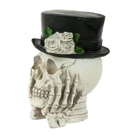 Northlight 9in Skull With Top Hat And Roses Christmas Tabletop Decor