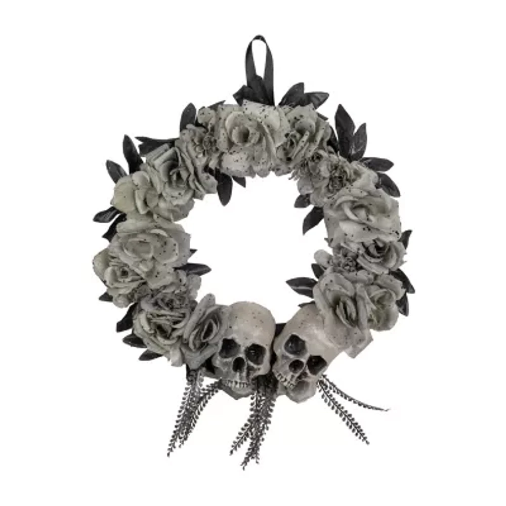 Northlight 16in Double Skull And Gray Roses Wreath