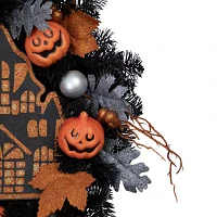 Northlight 24in Orange And Black Haunted House Wreath