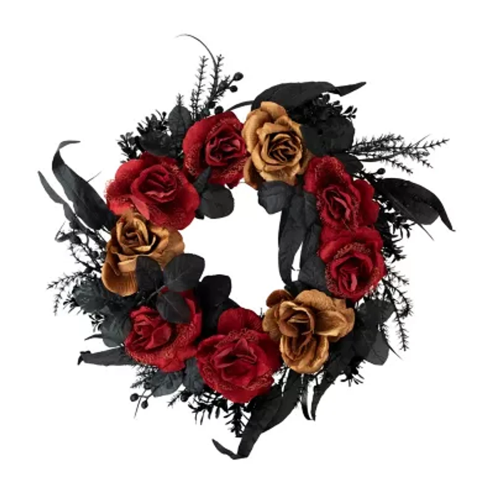 Northlight 22in Red And Gold Roses Black Foliage Wreath