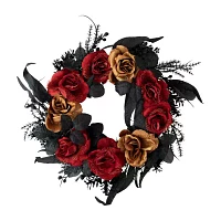 Northlight 22in Red And Gold Roses Black Foliage Wreath