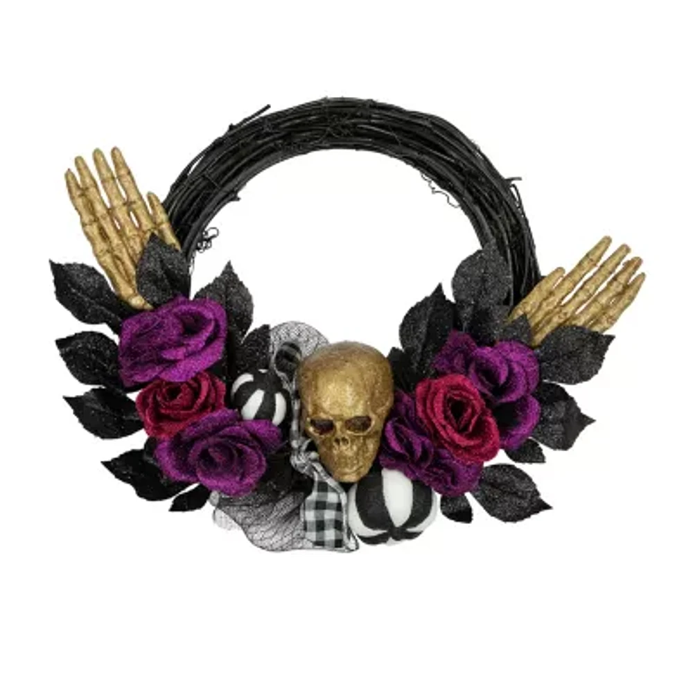 Northlight 22in Skull With Hands And Purple Roses Wreath