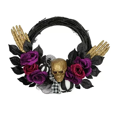 Northlight 22in Skull With Hands And Purple Roses Wreath