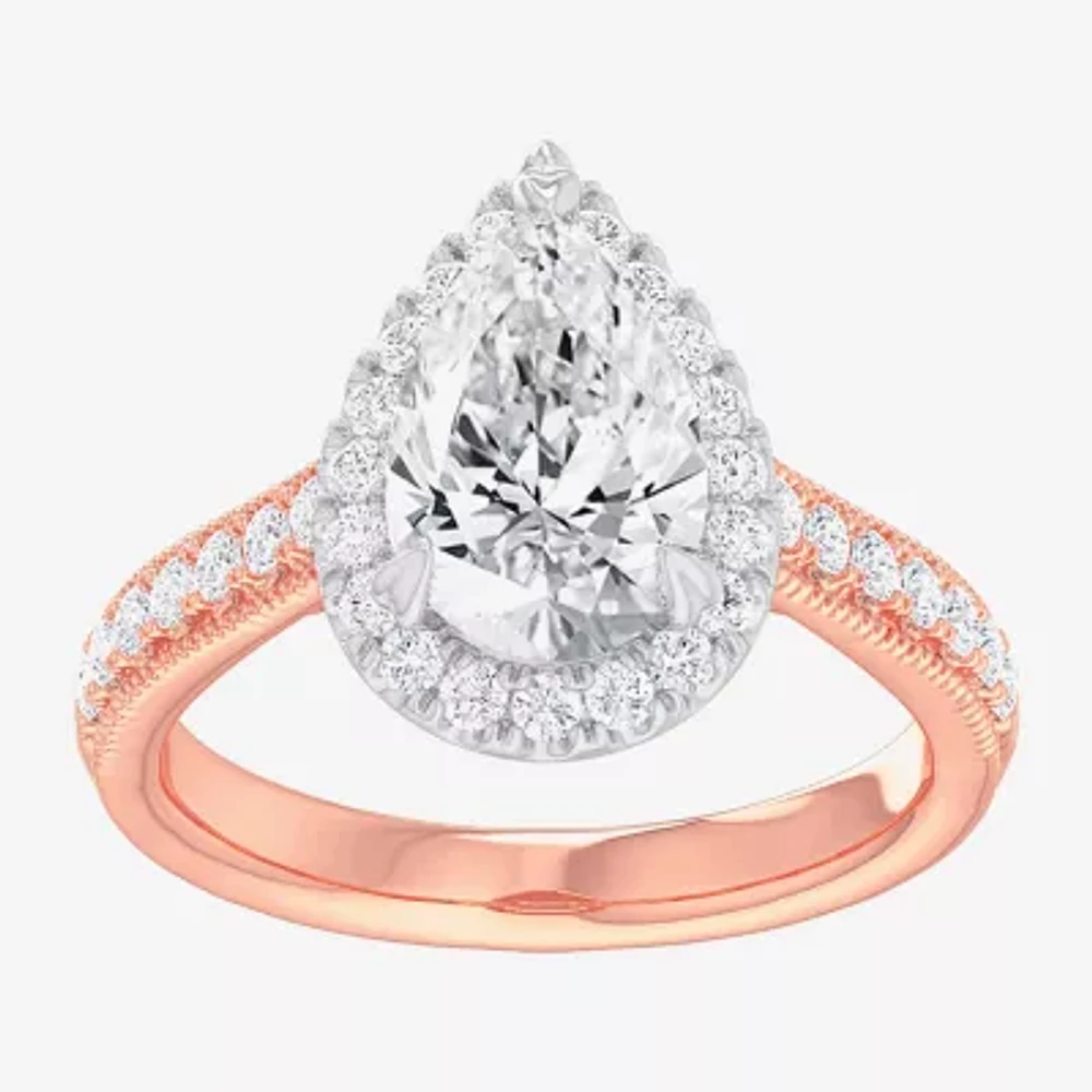 (G-H / Si1-Si2) Womens 2 1/2 CT. T.W. Lab Grown White Diamond 14K Gold Pear Side Stone Halo Engagement Ring