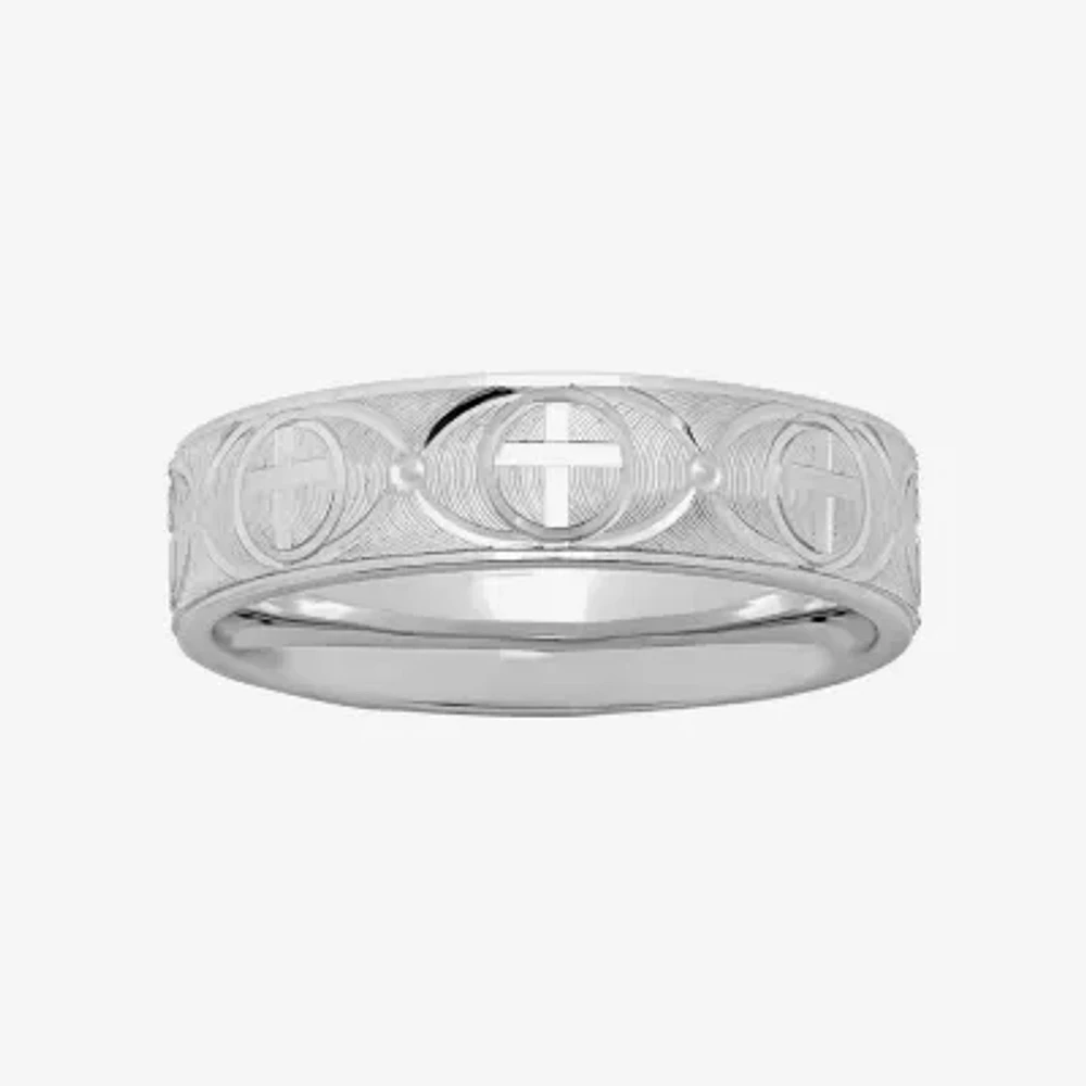 Mens Sterling Silver Ridged Cross Band