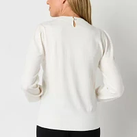 Liz Claiborne Womens Crew Neck Embellished Long Sleeve Pullover Sweater