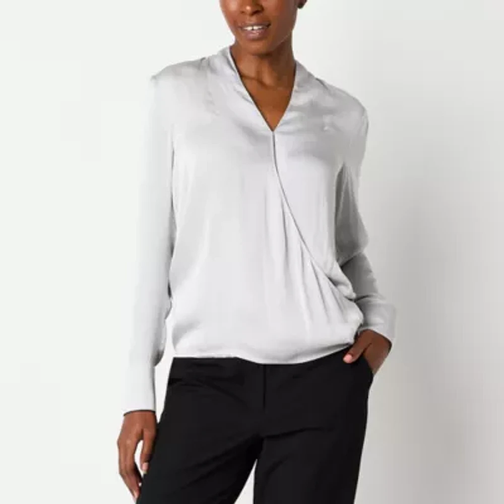 Worthington Womens V Neck Long Sleeve Wrap Shirt