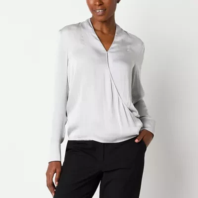 Worthington Womens V Neck Long Sleeve Wrap Shirt