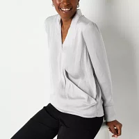 Worthington Womens V Neck Long Sleeve Wrap Shirt