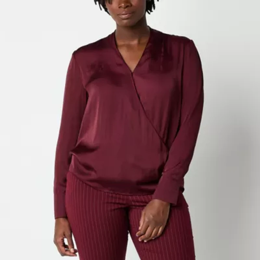 Worthington Womens V Neck Long Sleeve Wrap Shirt