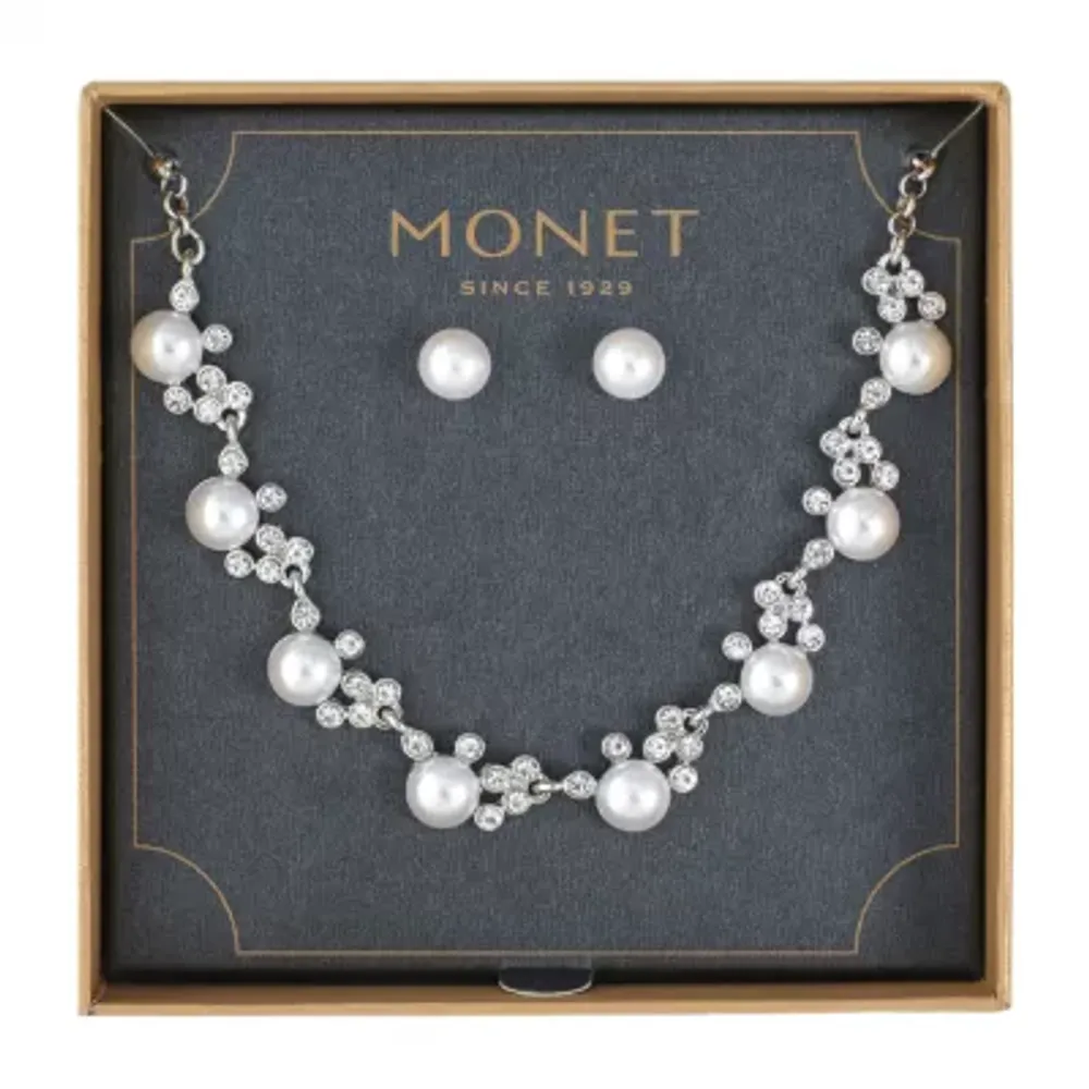 Monet Jewelry Silver Tone Collar Necklace And Stud Earring 2-pc. Simulated Pearl Jewelry Set